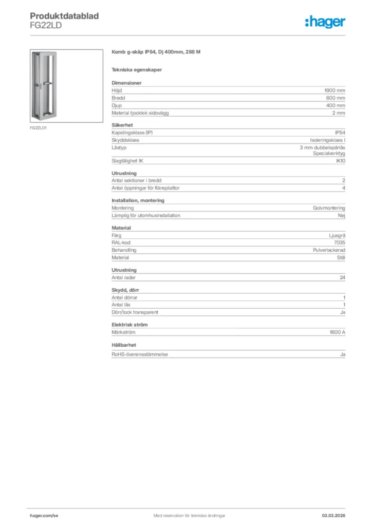 Bild Hager Produktdatablad FG22LD | Hager Sverige