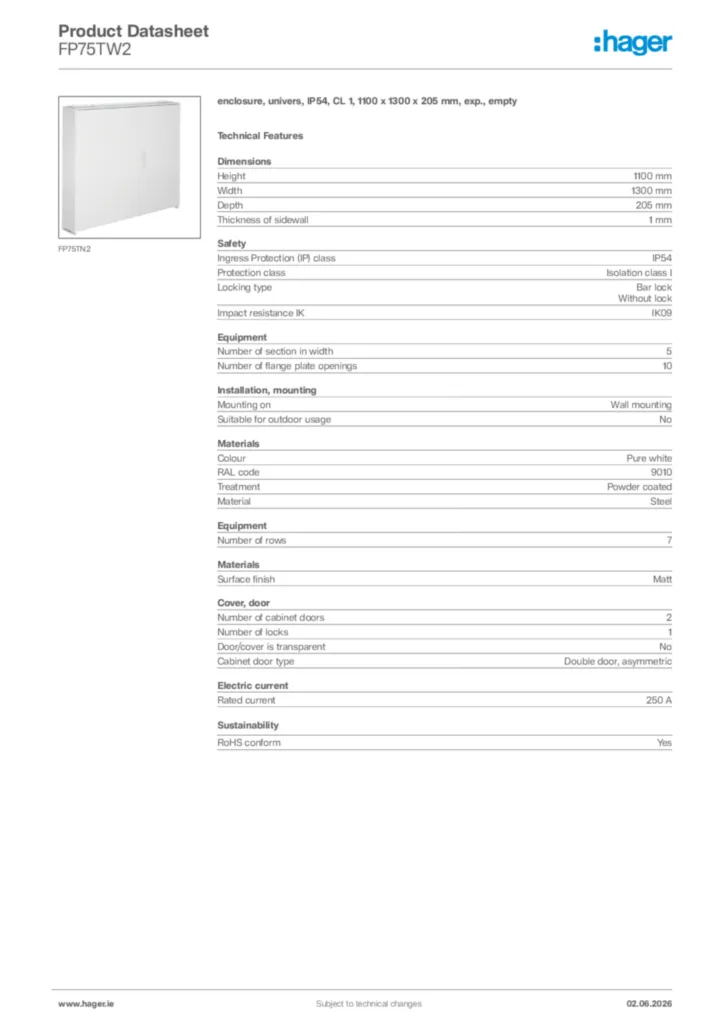 Image Hager Product data sheet FP75TW2  | Hager