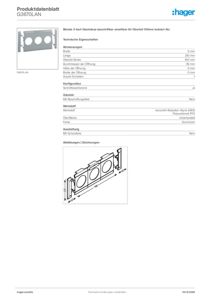 Bild Hager Produktdatenblatt G3670LAN | Hager Deutschland