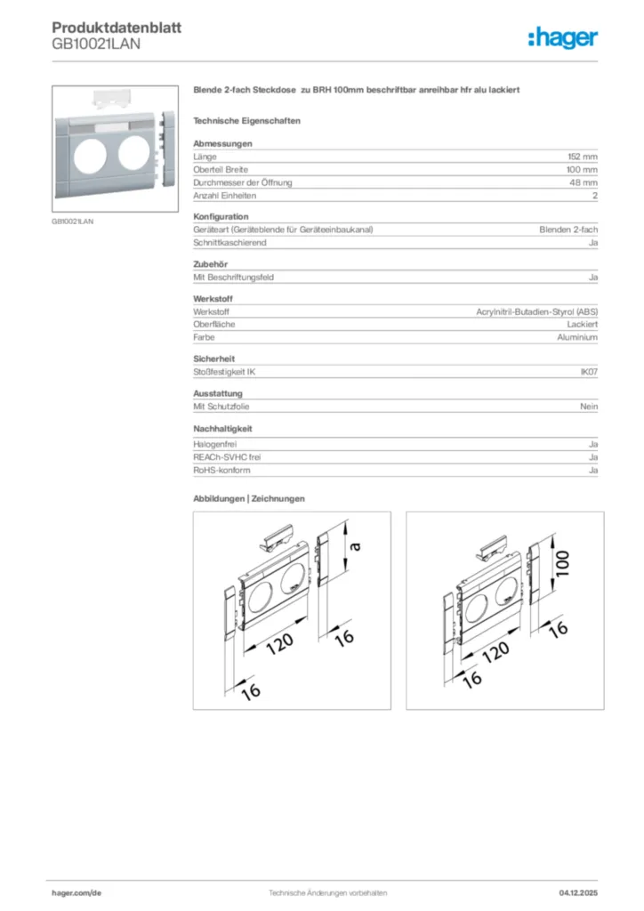 Bild Hager Produktdatenblatt GB10021LAN | Hager Deutschland