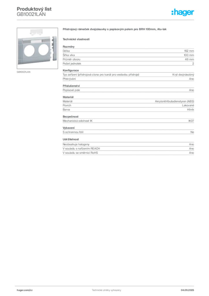 Obrázek Hager Produktový list GB10021LAN | Hager