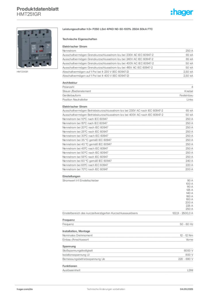 Bild Hager Produktdatenblatt HMT251GR | Hager Deutschland