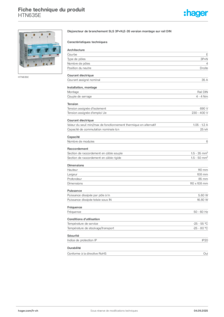 Image Hager Fiche technique du produit HTN635E | Hager Suisse