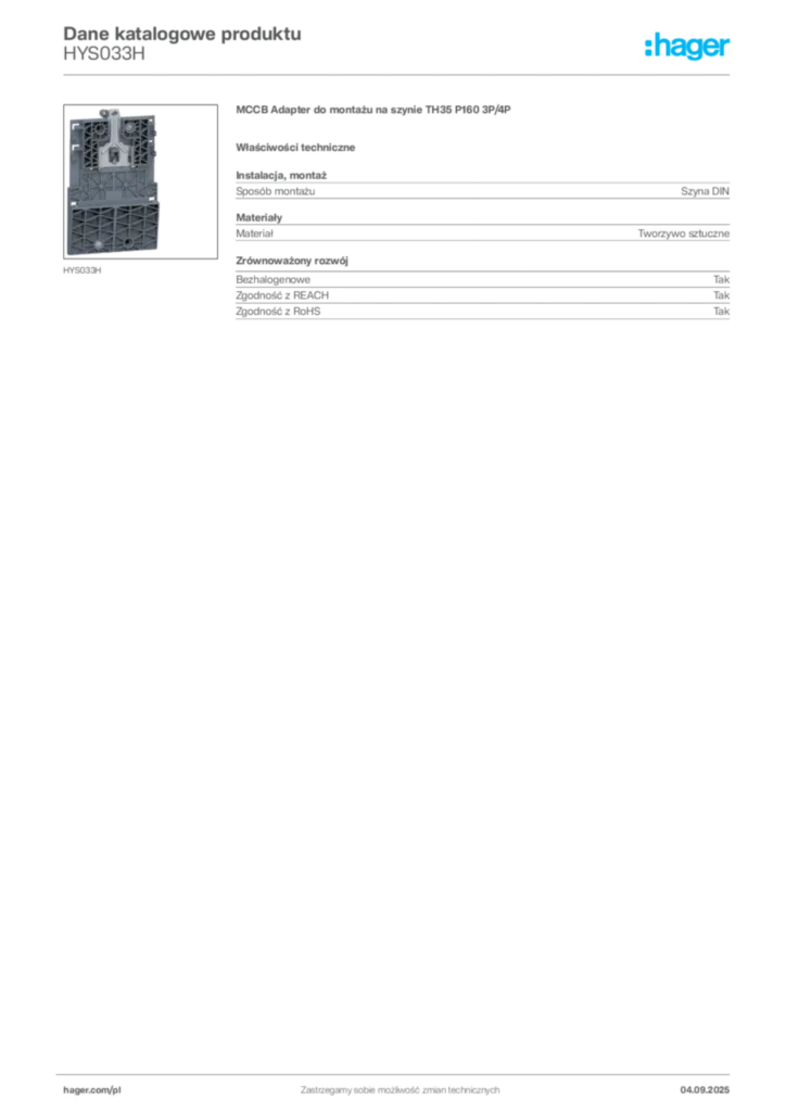 Zdjęcie Hager Dane katalogowe produktu HYS033H | Hager Polska