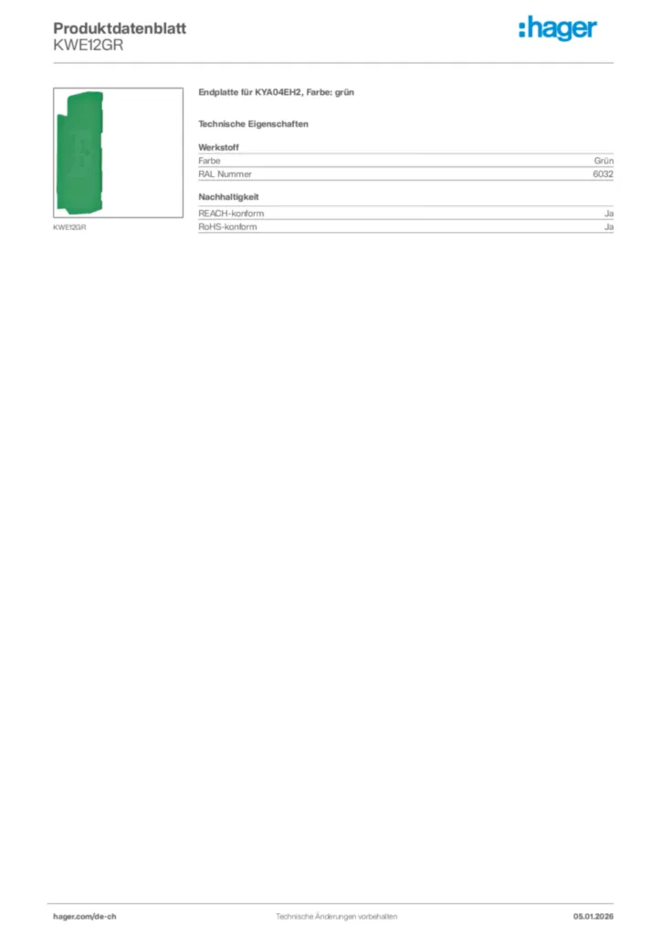 Bild Hager Produktdatenblatt KWE12GR | Hager Schweiz