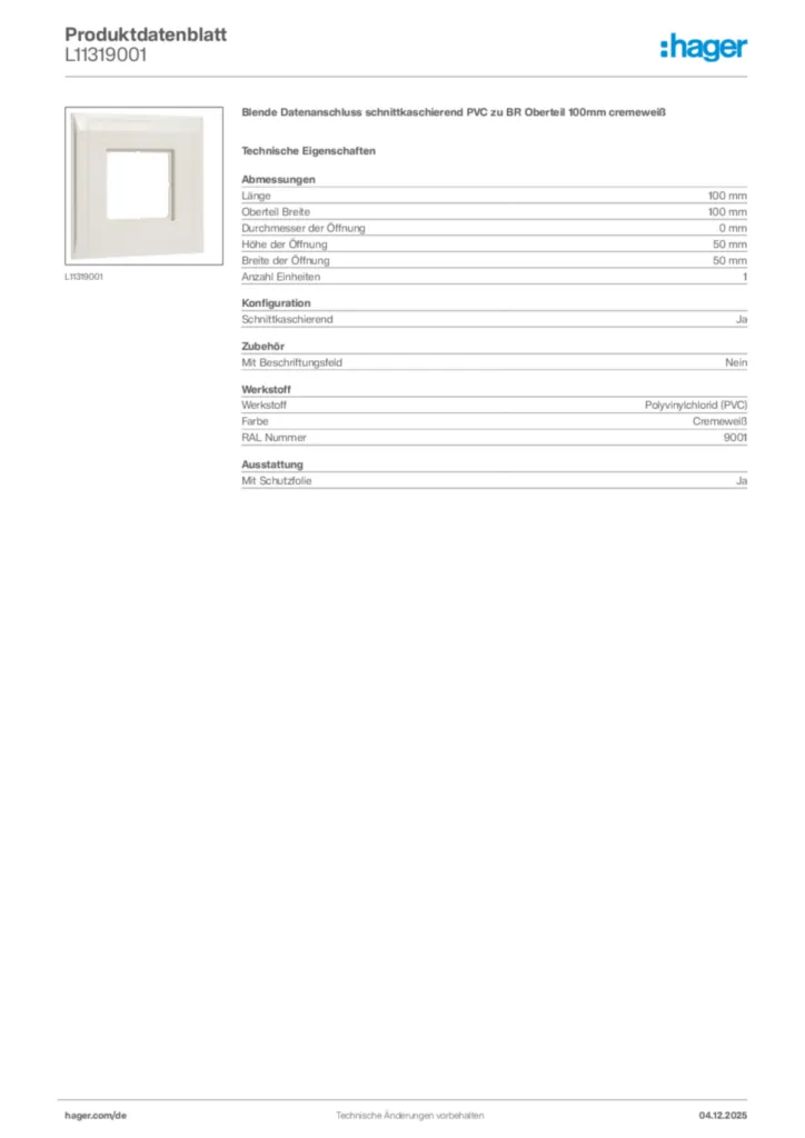 Bild Hager Produktdatenblatt L11319001 | Hager Deutschland