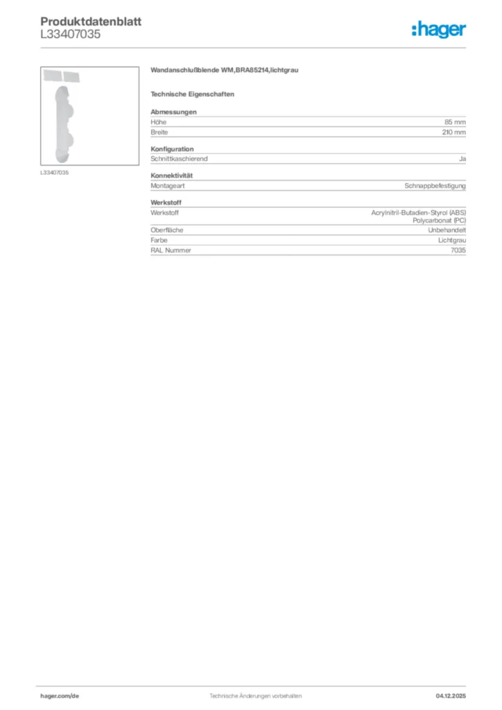 Bild Hager Produktdatenblatt L33407035 | Hager Deutschland