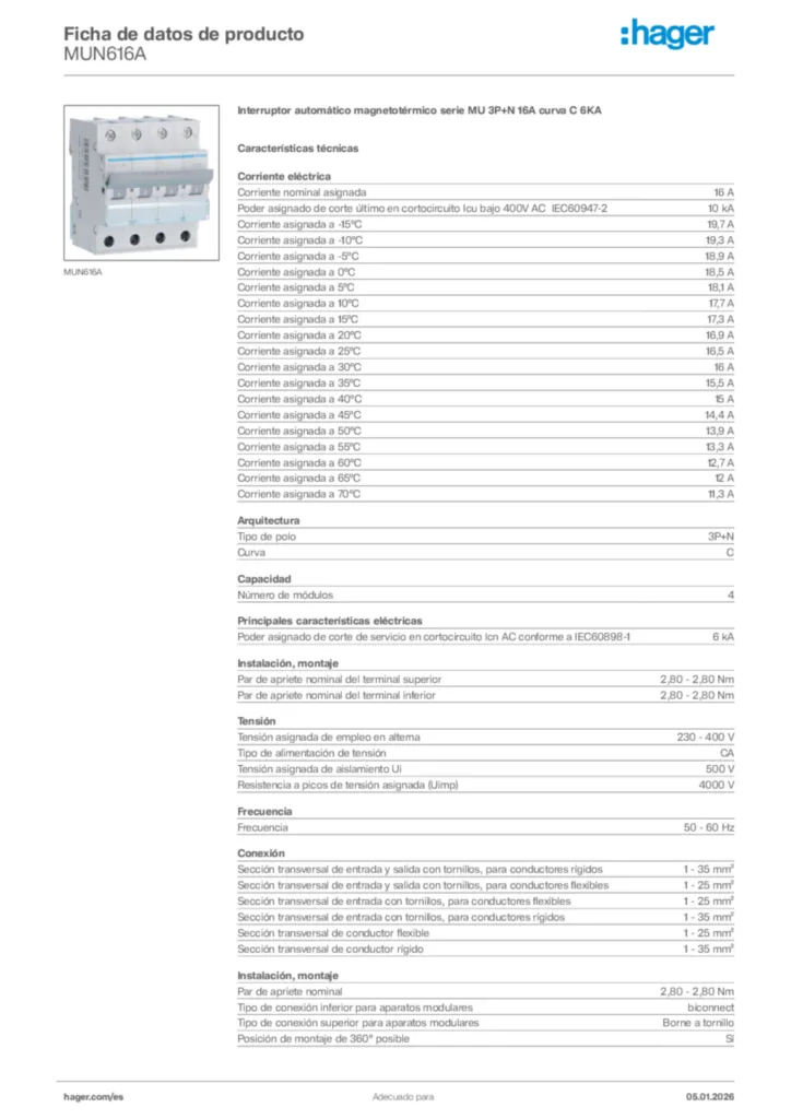 Imagen Hager Ficha de datos de producto MUN616A | Hager España