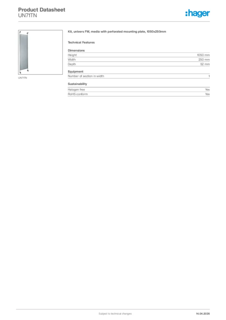 Image Hager Product data sheet UN71TN  | Hager Africa