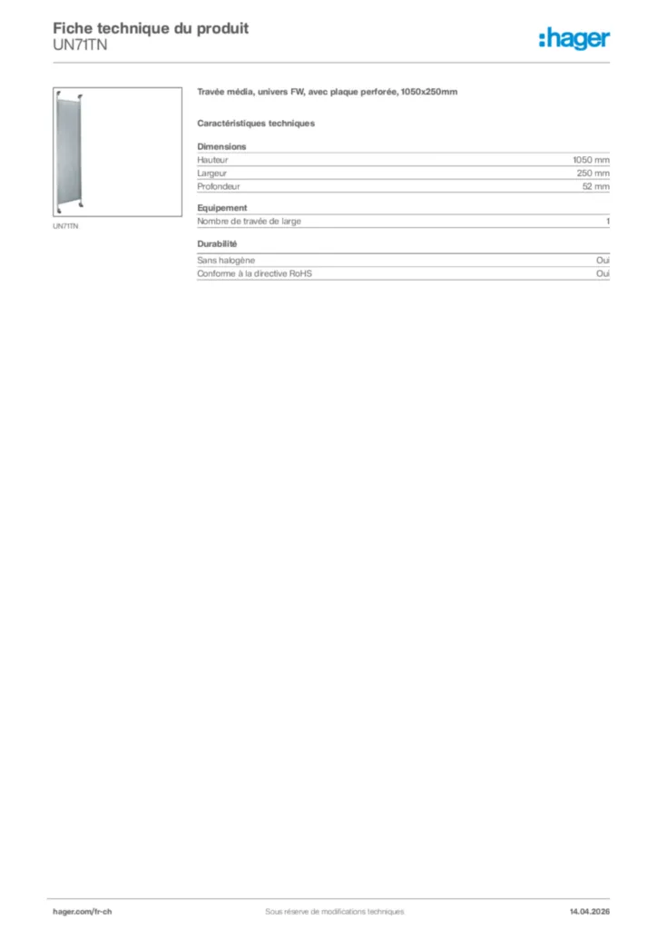 Image Hager Fiche technique du produit UN71TN | Hager Suisse