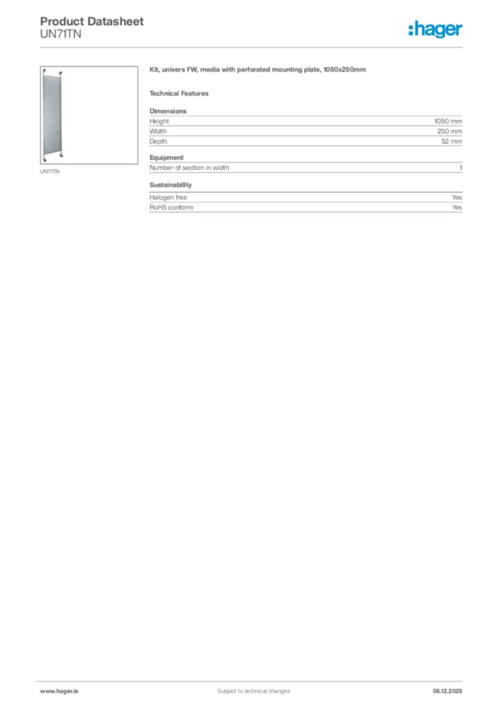 Image Hager Product data sheet UN71TN  | Hager