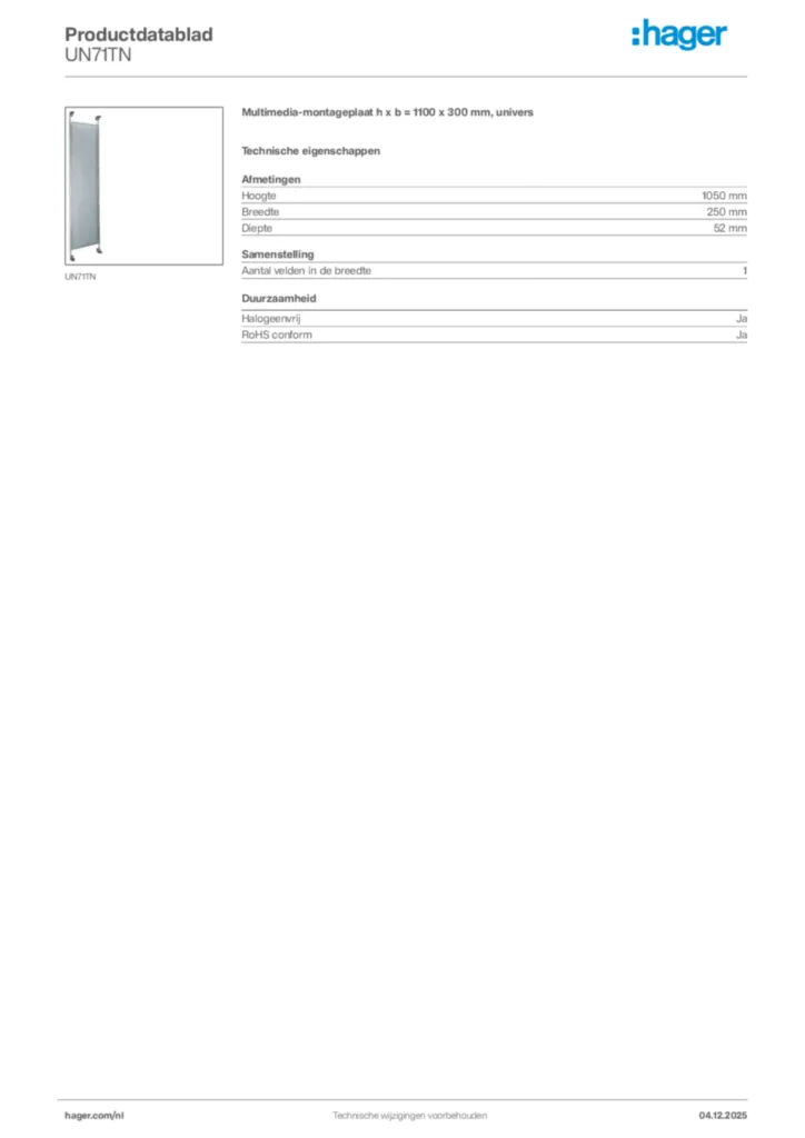 Afbeelding Hager Productdatablad UN71TN | Hager Nederland