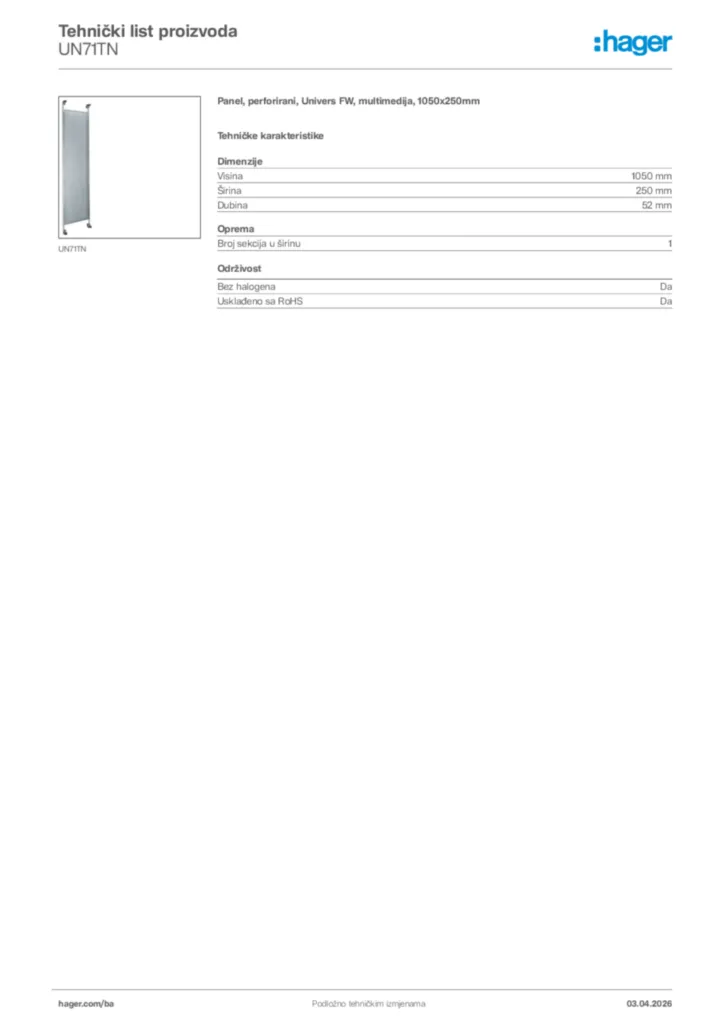 Slika Hager Tehnički list proizvoda UN71TN  | Hager