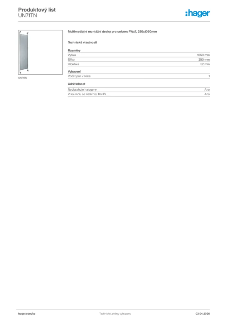 Obrázek Hager Product data sheet UN71TN | Hager