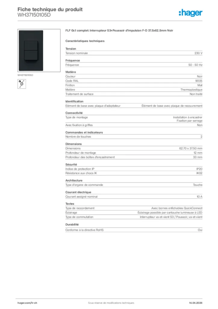 Image Hager Fiche technique du produit WH37150105D | Hager Suisse