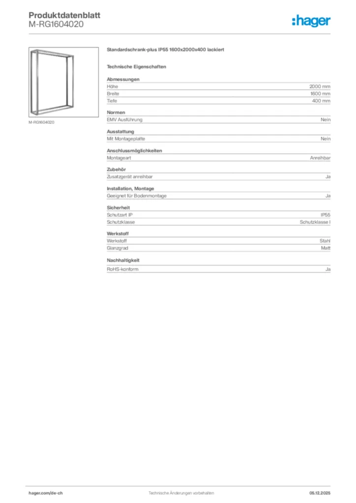 Bild Hager Produktdatenblatt M-RG1604020 | Hager Schweiz