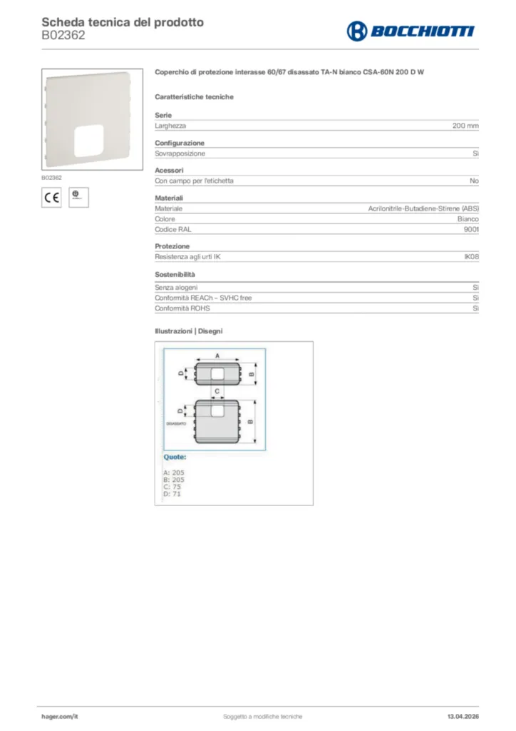 Immagine Bocchiotti Scheda tecnica del prodotto B02362 | Hager Italia