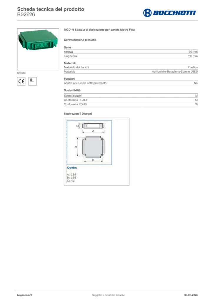 Immagine Bocchiotti Scheda tecnica del prodotto B02626 | Hager Italia