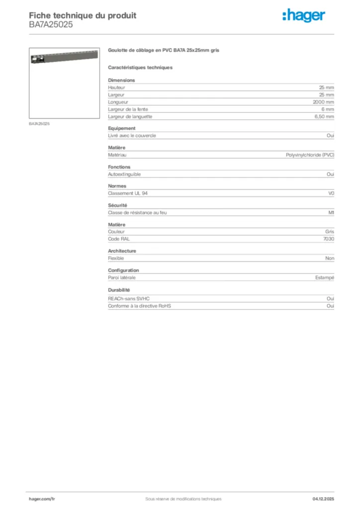 Image Hager Fiche technique du produit BA7A25025 | Hager France