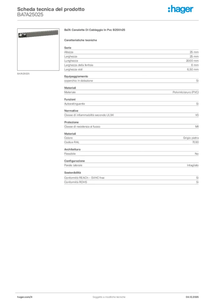 Immagine Hager Scheda tecnica del prodotto BA7A25025 | Hager Italia