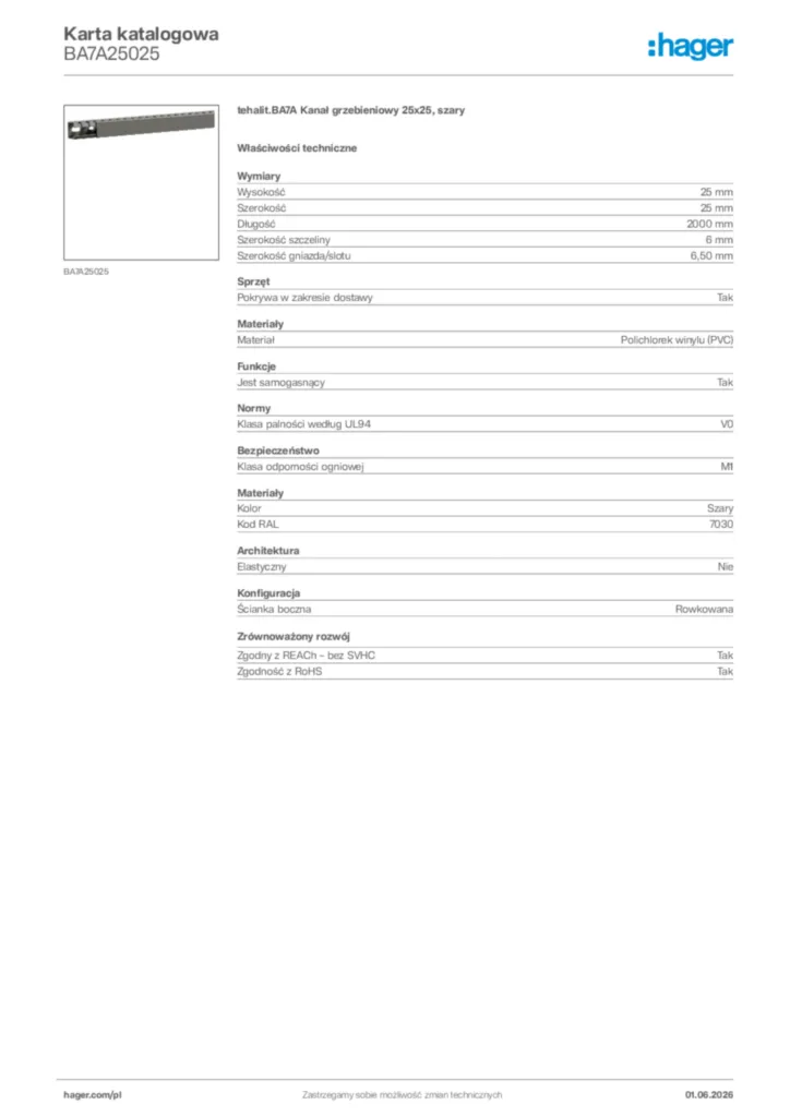 Zdjęcie Hager Karta katalogowa BA7A25025 | Hager Polska