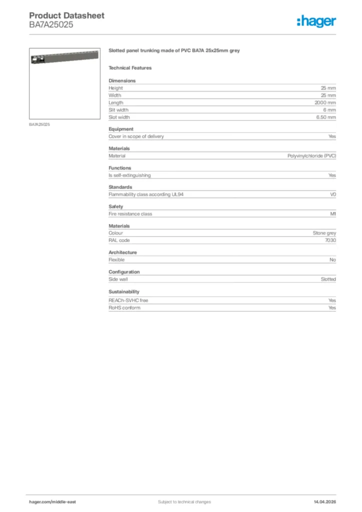 Image Hager Product data sheet BA7A25025  | Hager