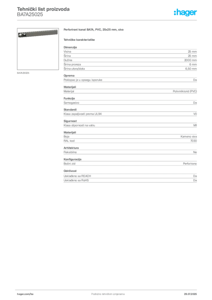 Slika Hager Product data sheet BA7A25025  | Hager