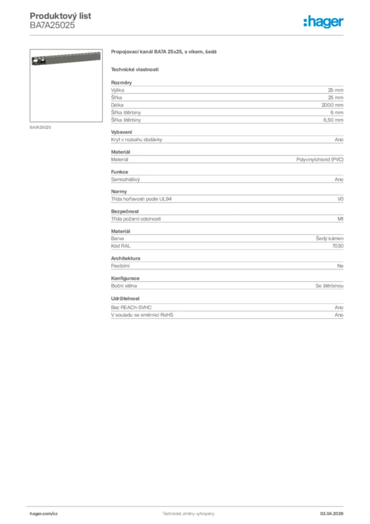 Obrázek Hager Product data sheet BA7A25025 | Hager