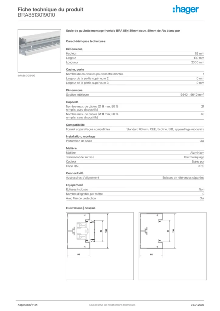Image Hager Fiche technique du produit BRA8513019010 | Hager Suisse