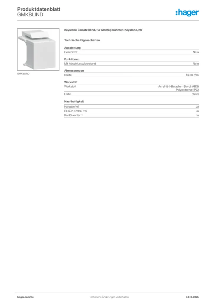 Bild Hager Produktdatenblatt GMKBLIND | Hager Deutschland