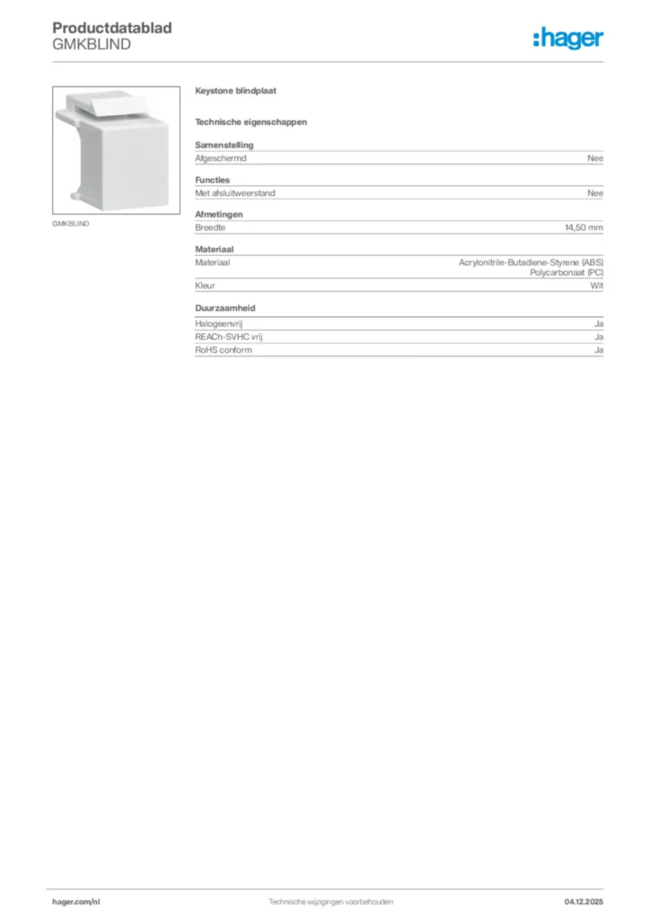 Afbeelding Hager Productdatablad GMKBLIND | Hager Nederland