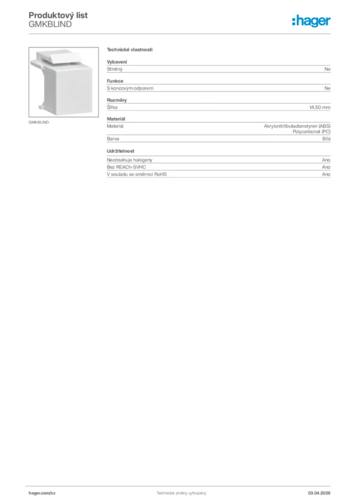 Obrázek Hager Product data sheet GMKBLIND | Hager