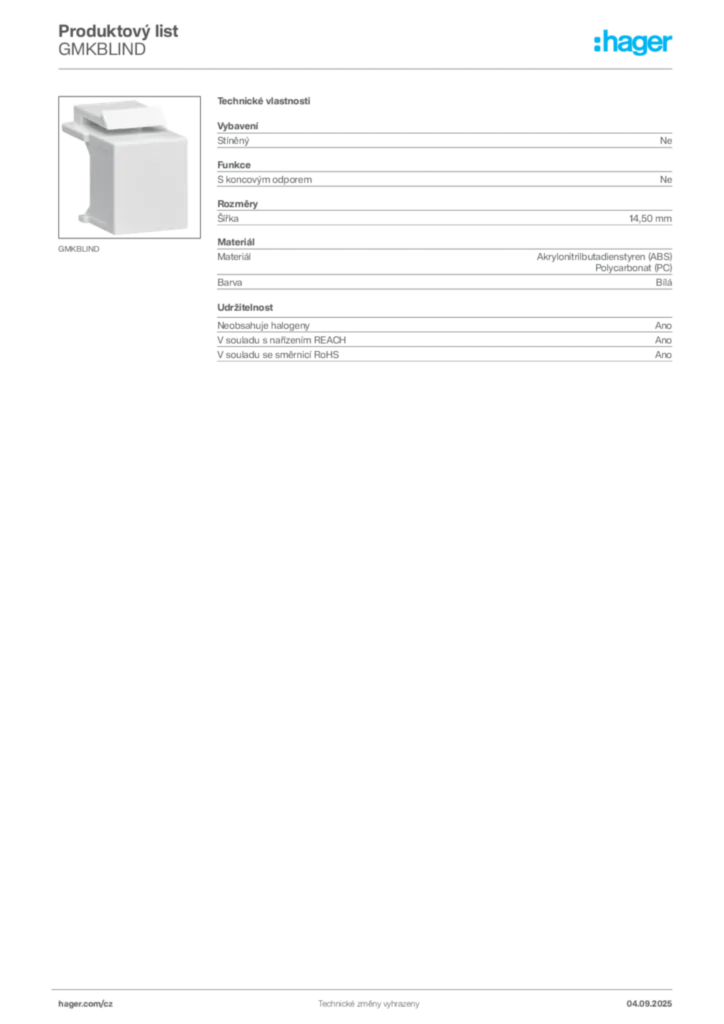 Obrázek Hager Produktový list GMKBLIND | Hager