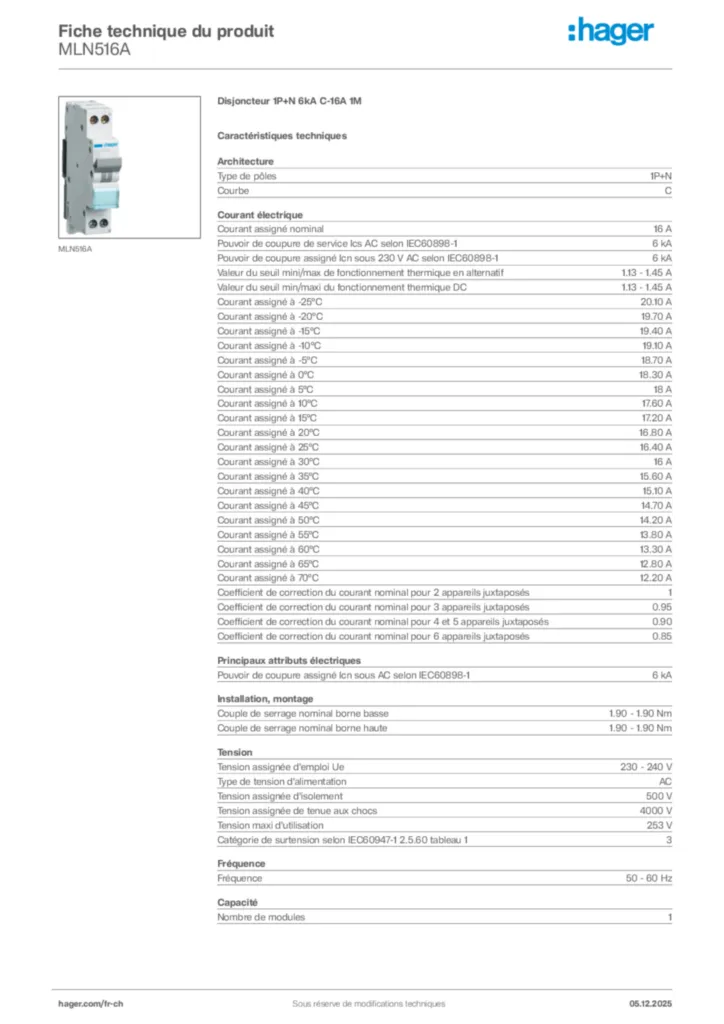 Image Hager Fiche technique du produit MLN516A | Hager Suisse