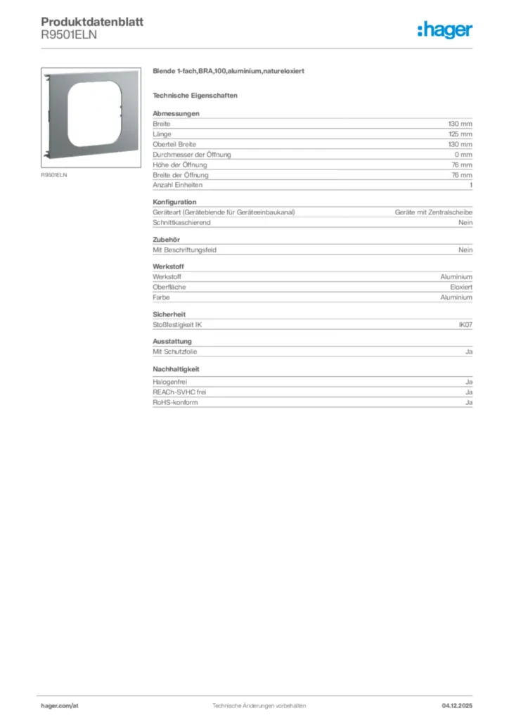 Bild Hager Produktdatenblatt R9501ELN | Hager Deutschland