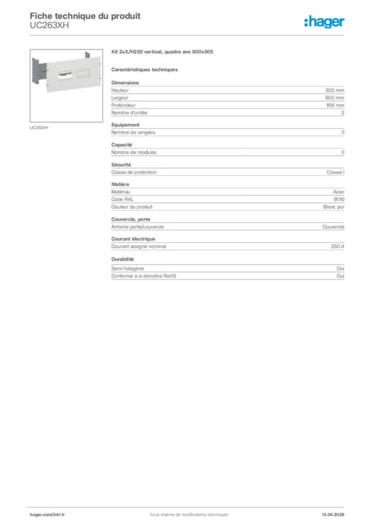 Image Hager Fiche technique du produit UC263XH | Hager Afrique