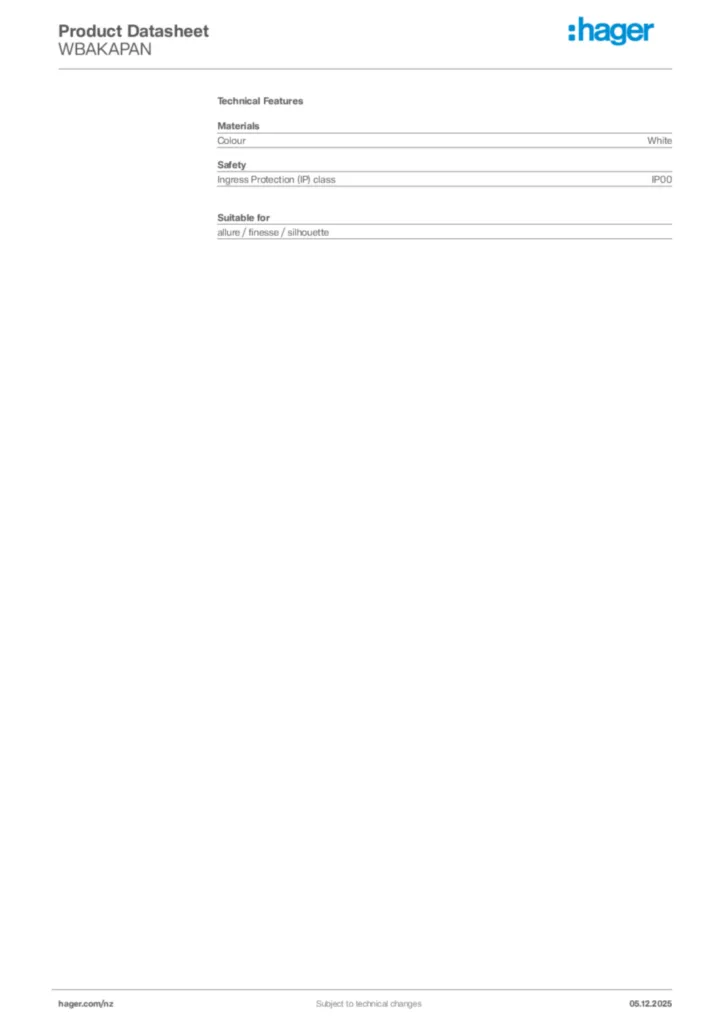 Image Hager Product data sheet WBAKAPAN  | Hager New Zealand