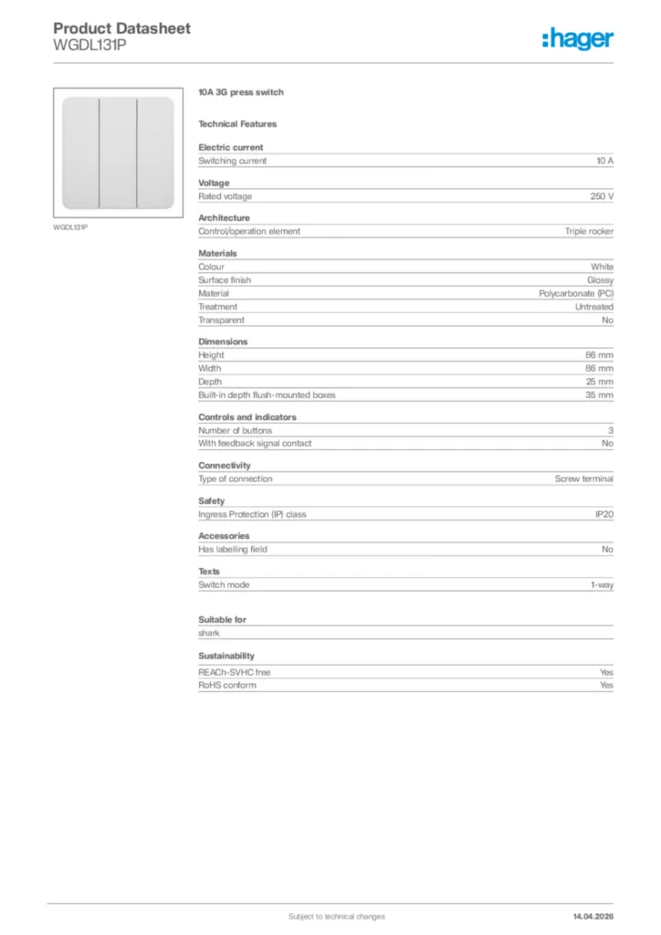 Image Hager Product data sheet WGDL131P  | Hager Africa