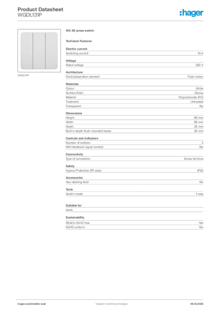 Image Hager Product data sheet WGDL131P  | Hager