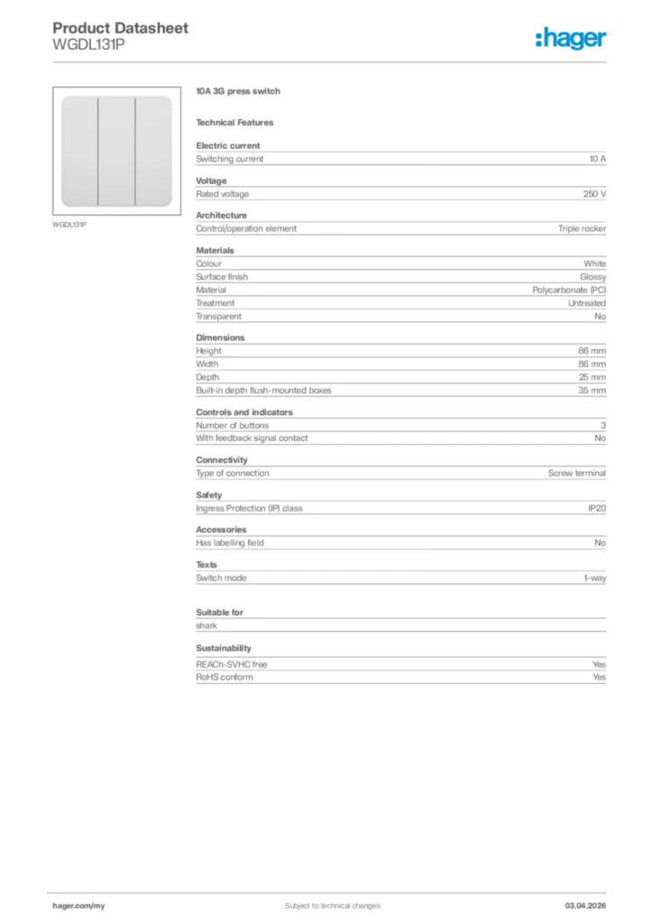 Image Hager Product data sheet WGDL131P  | Hager