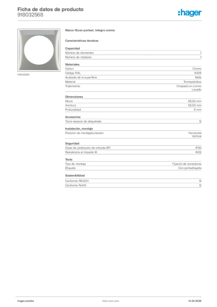 Imagen Hager Ficha de datos de producto 918032568 | Hager España