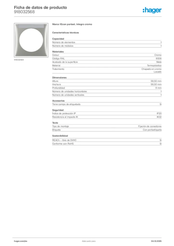 Imagen Hager Ficha de datos de producto 918032568 | Hager España