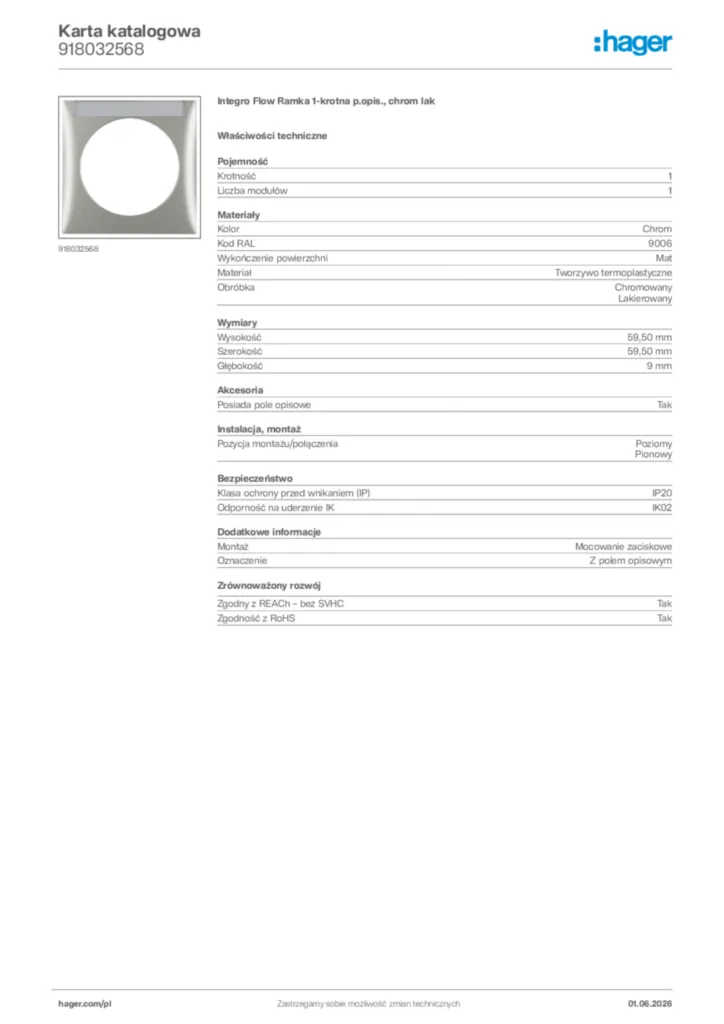Zdjęcie Hager Karta katalogowa 918032568 | Hager Polska