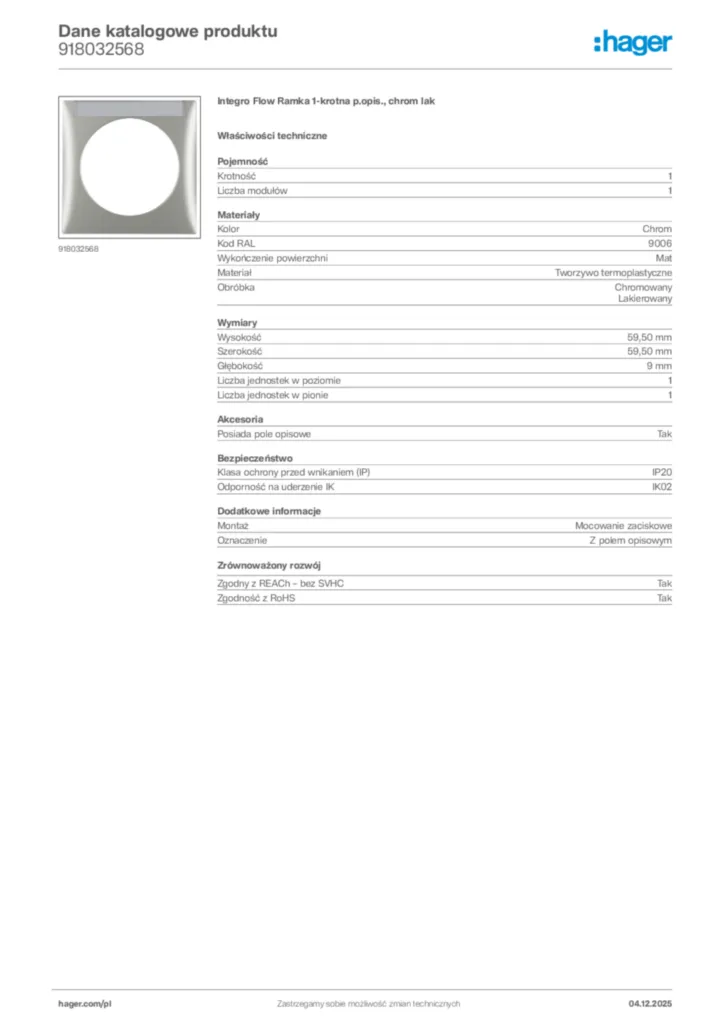 Zdjęcie Hager Dane katalogowe produktu 918032568 | Hager Polska