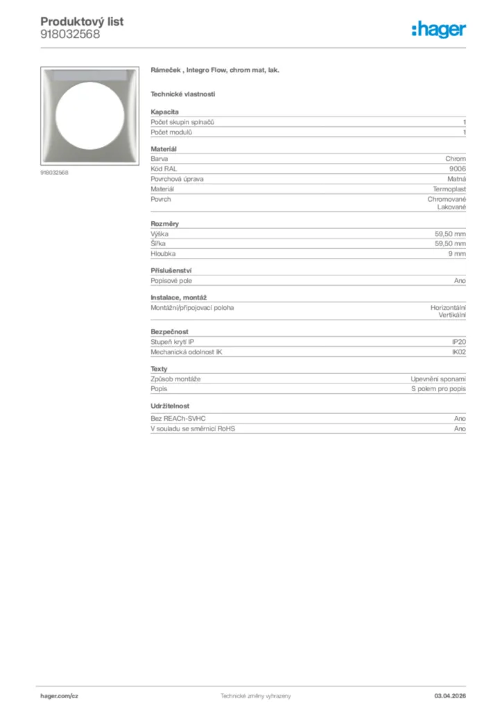 Obrázek Hager Product data sheet 918032568 | Hager