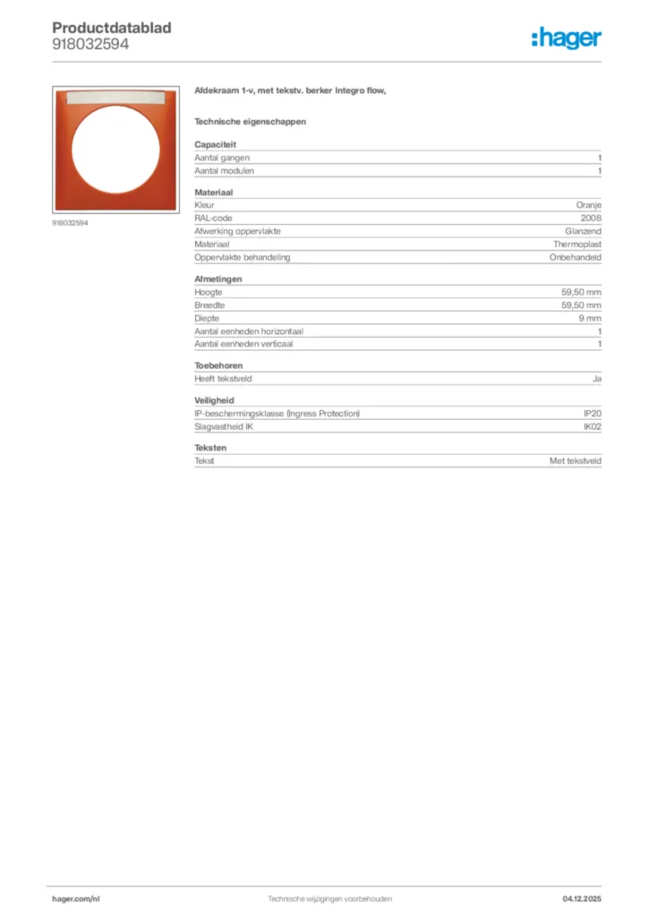 Afbeelding Hager Productdatablad 918032594 | Hager Nederland