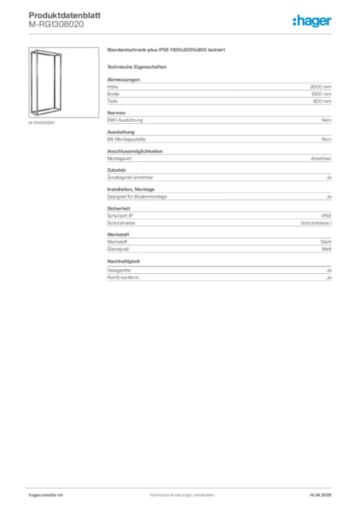 Bild Hager Produktdatenblatt M-RG1308020 | Hager Schweiz