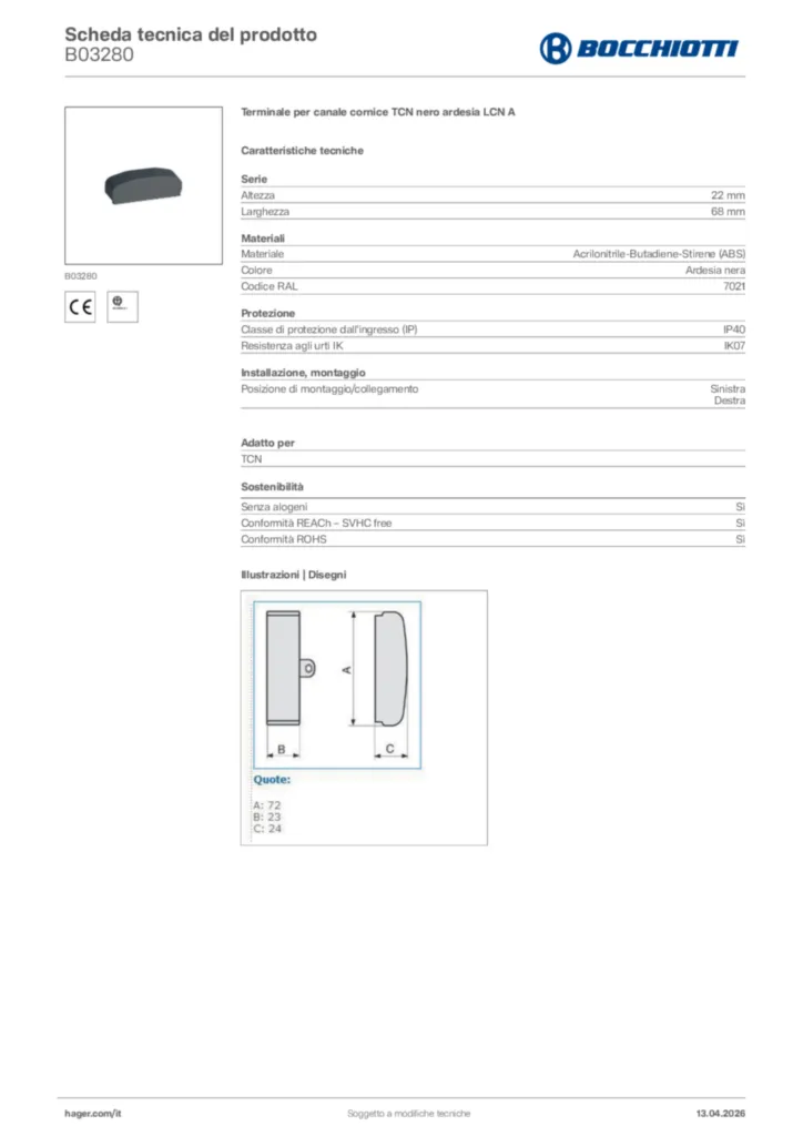 Immagine Bocchiotti Scheda tecnica del prodotto B03280 | Hager Italia