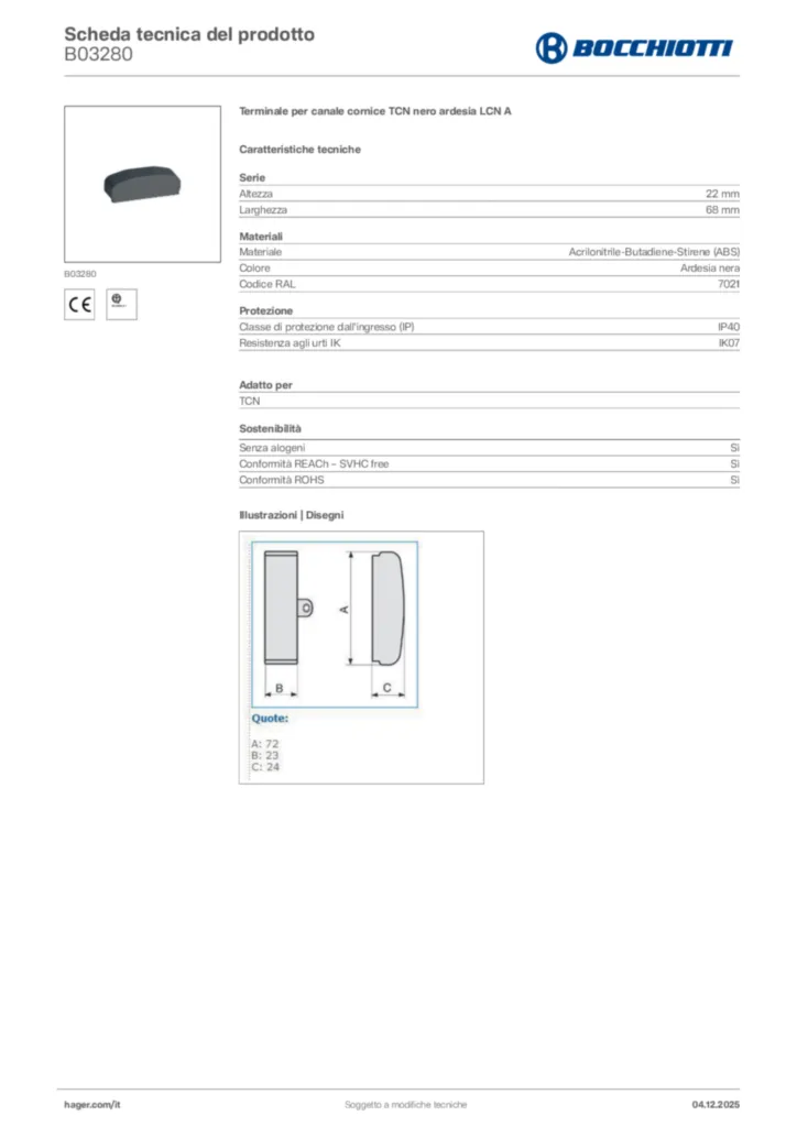 Immagine Bocchiotti Scheda tecnica del prodotto B03280 | Hager Italia