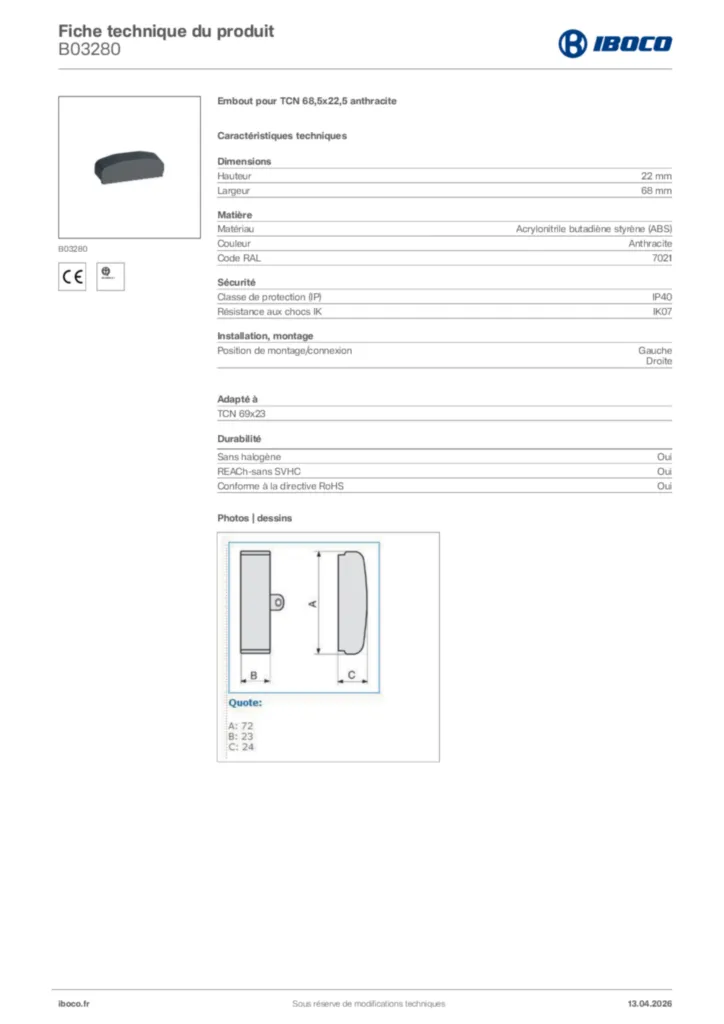 Image Iboco Fiche technique du produit B03280 | Hager France
